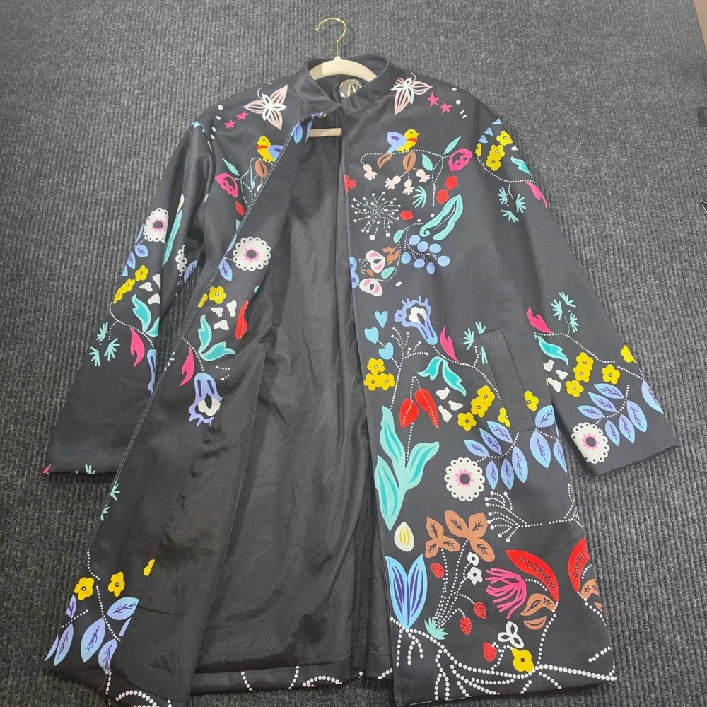 Eva Franco Floral Bird Print Coat Womens Large Black Excellent Lined Back Slit